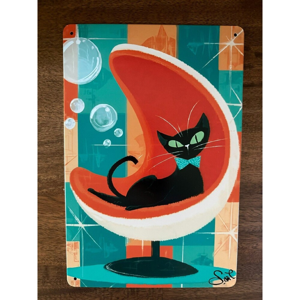 Mid Century Modern Black Cat Egg Chair Vintage Style Metal Tin Sign - 12x8